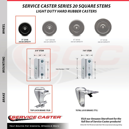 Service Caster 3 Inch Hard Rubber Wheel Swivel 3/4 Inch Square Stem Caster Brakes SCC, 2PK SCC-SQ20S314-HRS-TLB-34-2-S-2